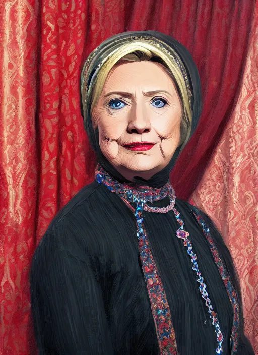 Image similar to portrait of hillary clinton as a muslim, jewelry, greek, ruby, victorian age, 1 8 9 0, intricate, headshot, key visual, conceptart, ambient lighting, highly detailed, digital painting, artstation, concept art, sharp focus, by makoto shinkai and akihiko yoshida and greg manchess