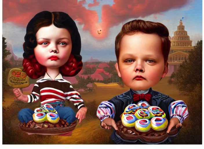Image similar to american captain made of donuts, lowbrow, matte painting, 3 - d highly detailed, in the style of mark ryden,