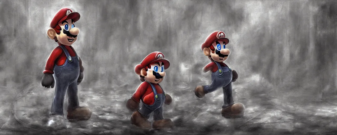 Image similar to concept art of mario from super mario bros lost in silent hill, resident evil, horror, occult, terror, mist, volumetric render, digital painting, detailed painting