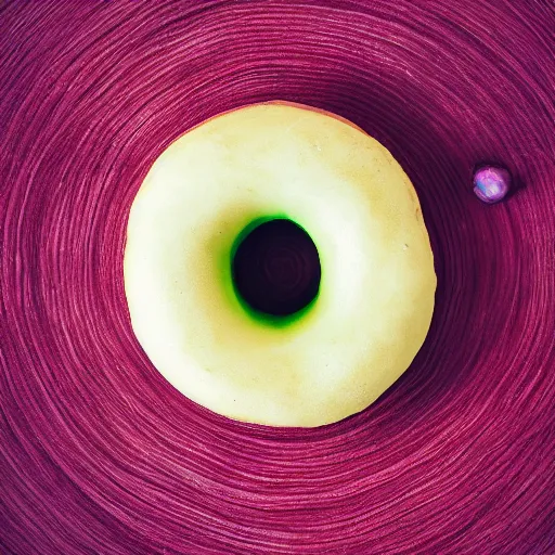 Image similar to Perfectly circular donut!!!!! in the style and shape of a rambutan!!!!!!, blended colors!!!!!, trending on artstation, 4k, 8k, professional photography, overhead shot, 35mm lens