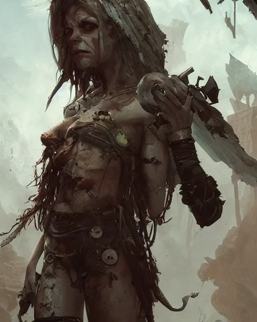 Image similar to hyper realistic photo of postapocalyptic sorceress, full body, horror, cinematic, artstation, cgsociety, greg rutkowski, james gurney, mignola, craig mullins, brom