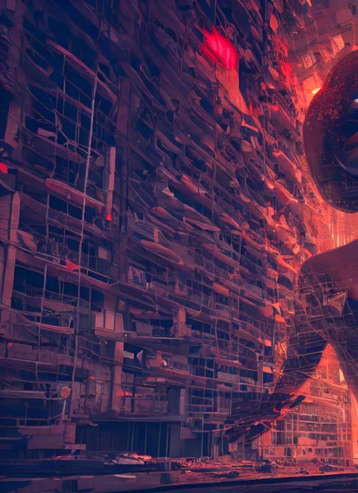 Prompt: people building giant head of mickey mouse inside of abandoned netflix office, cyberpunk, by beeple, dystopia, golden ratio, octane render, redshift, trending on artstation, 8 k