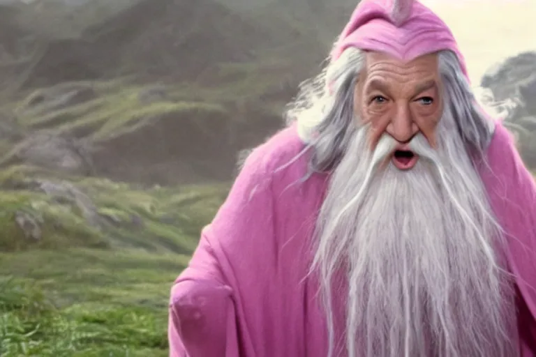 Prompt: portrait of Gandalf wearing pink Hello kitty costume, laughing maniacally, looking at a playing card in his hand, sunrise, movie still from Lord of the Rings, cinematic