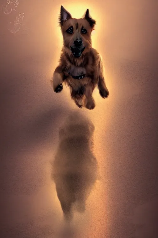 Prompt: a beautiful dog running happily towards its owners at the rainbow bridge, tall golden heavenly gates, amazing, stunning artwork, featured on artstation, cgosciety, behance
