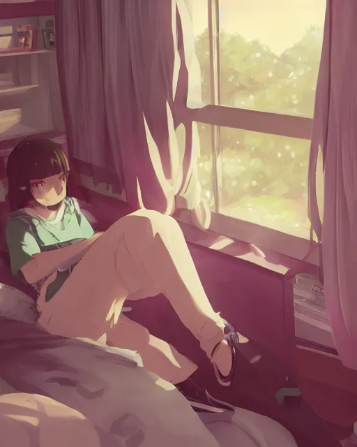 Prompt: a full shot of a teenage girl chilling in her dorm, moe, kawaii, pretty, lovely, detailed face, digital art by makoto shinkai