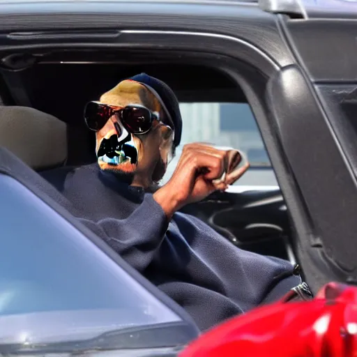 Image similar to Snoop Dogg is sitting in a police car wearing a cap C-13