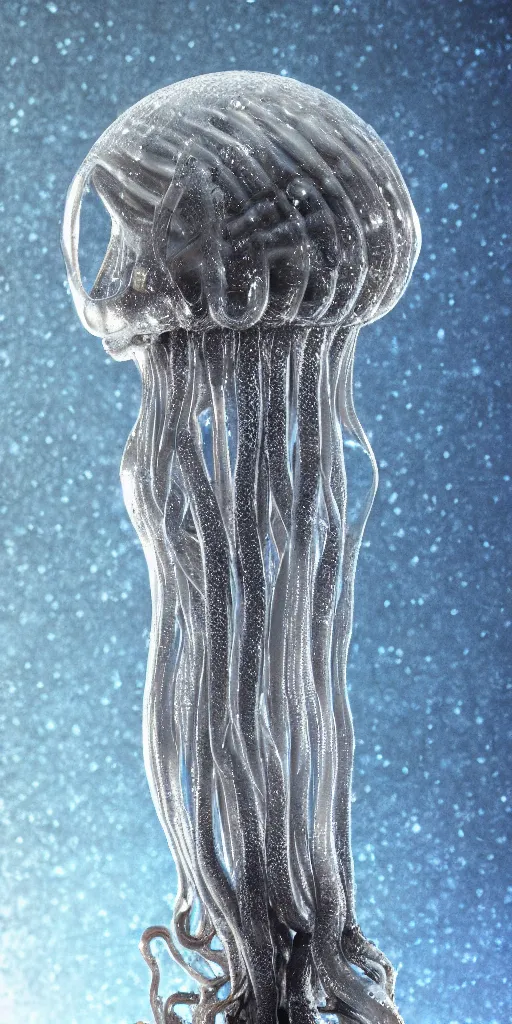 Image similar to a photorealistic render of a 3 d alien jellyfish sculpture, made of liquid metal and marble, c 4 d, by ernst haeckel and zhelong xu, complex and hyper realistic, plain background, 8 k, volumetric lightning, very detailed