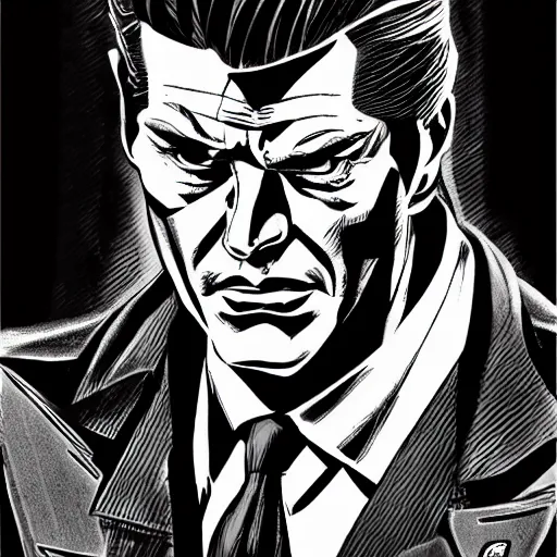 Image similar to a mafia boss with slicked back hair, in a cyberpunk setting, comic book art, art by stan lee, pen drawing, inked, black and white, dark, moody, dramatic, deep shadows, marvel comics, dc comics