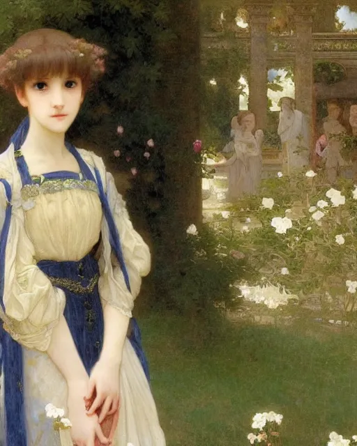 Image similar to beautiful anime style girl, she is standing in the middle of a palace, realistic painting, by Edgar Maxence and William-Adolphe Bouguereau