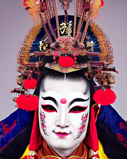 Prompt: photo of a Dramatic Peking Opera male character wearing elaborate makeup merged with kathakali makeup and full Chinese opera costume fused with Kathakali costume in the style of stefan kostic, realistic, sharp focus, symmetric, 8k high definition, insanely detailed, intricate, elegant, art by stanley lau and artgerm, William-Adolphe Bouguereau