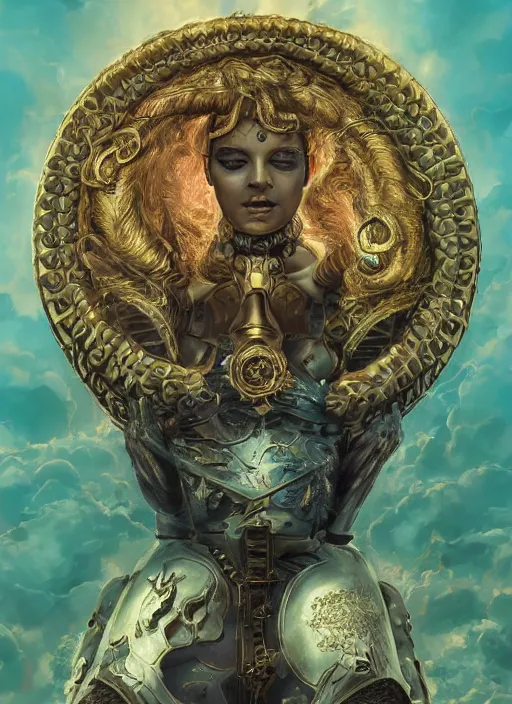 Image similar to ultradetailed ornate sci-fi RPG illustration of a beautiful symmetric Medusa radiating a glowing aura wearing a steampunk armor with much decorum, digital airbrush painting, 3d rim light, hyperrealistic masterpiece, artstation, cgsociety, kodakchrome, golden ratio