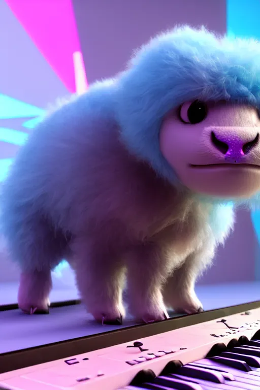 Image similar to high quality 3 d render very cute neuromancer fluffy! mutant cow hybrid! playing keyboard, highly detailed, unreal engine cinematic smooth, in the style of blade runner & detective pikachu, hannah yata charlie immer, moody blue light, low angle, uhd 8 k, sharp focus