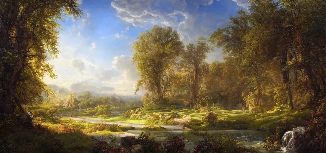 Image similar to beautiful Arcadia, sunny, photorealistic, masterpiece, award winning landscape photo, hyperdetailed