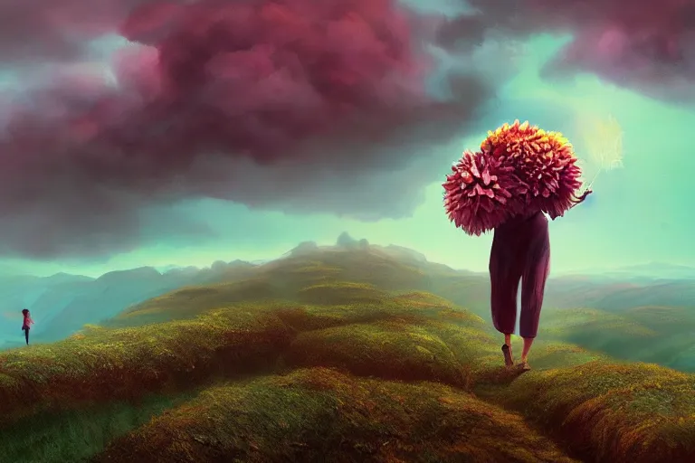 Image similar to giant dahlia flower as a head, girl walking on mountain, surreal photography, stars, dramatic light, impressionist painting, storm clouds, digital painting, artstation, simon stalenhag