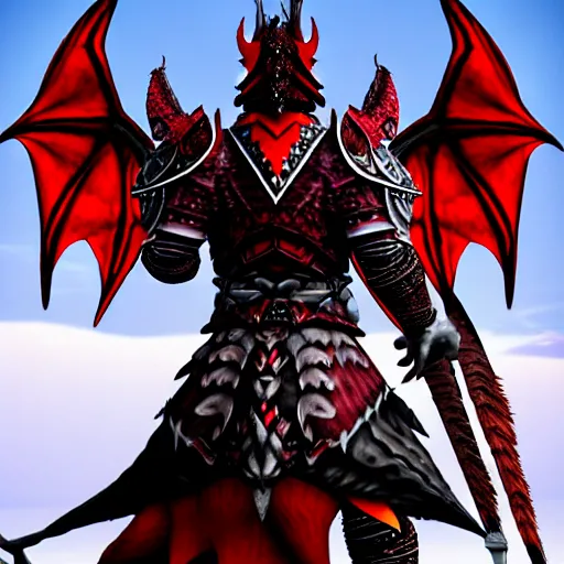 Image similar to A dragonborn with red scales and big wings on his back, viking armor