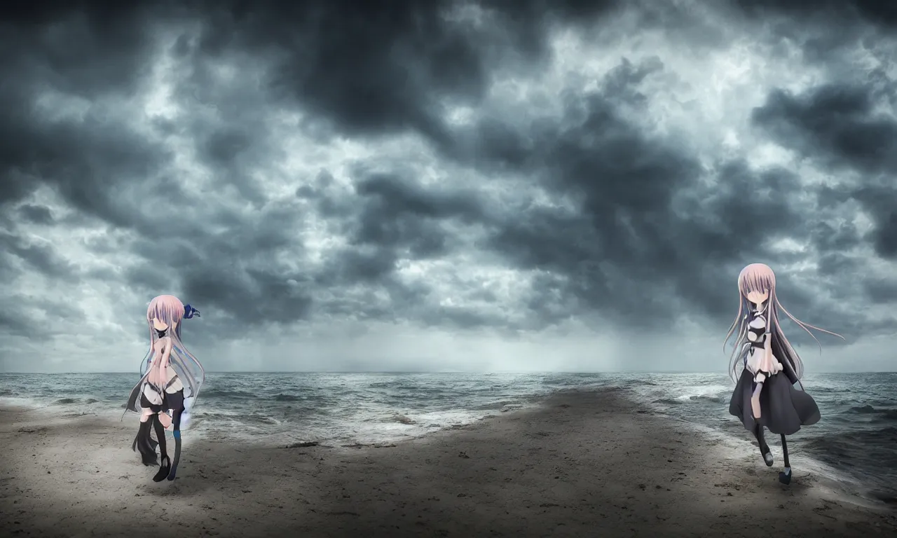 Image similar to cute fumo plush girl enigmatic gothic maiden anime girl on an abandoned island surrounded by the sea, marine beach seascape, storm clouds in the distance, vignette, vray