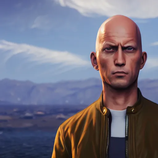 Prompt: a portrait of saitama as a gta 5 character ingame shot from gta 5, ray tracing x, wet reflections, unreal engine 5, intricate details, fantasy, hyper realism, humongous view, smooth, cinematic