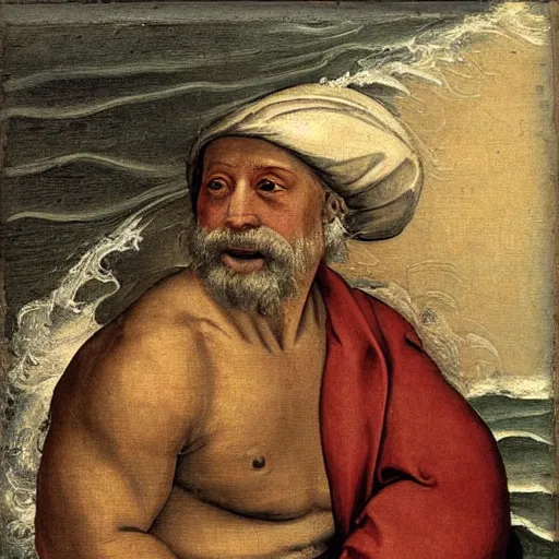 Image similar to a renaissance oli painting of an old man in a skiff at sea. The old man is the center of the painting, and the focus of the composition. He is shown in profile, with his back to the viewer. He is leaning back, using all his strength to reel in the marlin. His face is sweaty and strained, and his arms are shaking. The marlin is huge, and its body is thrashing around in the water. The boat is small and insignificant compared to the marlin, and it is being pulled towards the fish. The painting is rendered in a realistic style, with accurate details and lifelike colors. The brushwork is loose and expressive, conveying the movement and energy of the scene. The overall effect is one of drama and suspense. The water in the painting is a deep blue color. It is choppy and turbulent, reflecting the struggle of the old man and the marlin.