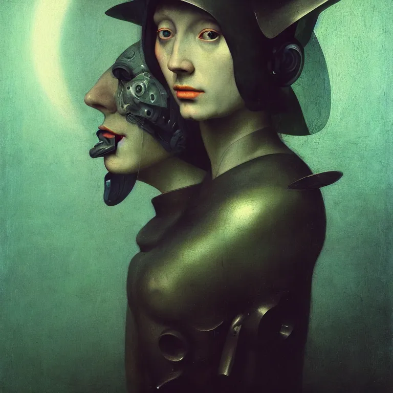 Image similar to beautiful portrait of cyborg witch by hieronymus bosch, soft grainy bloom lucid dream - like atmosphere, harsh flash photo, baroque portrait painting, perfect composition, detailed octane render trending on artstation, 8 k artistic photography, volumetric cinematic perfect light, chiaroscuro, masterpiece, raphael, caravaggio, beksinski, rutkowski, beeple