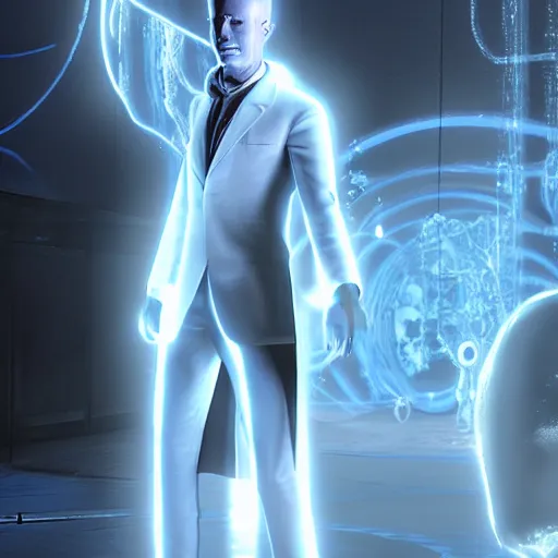 Image similar to A still of Dr. Manhattan as John Constantine, award winning photo, unreal engine, highly detailed features