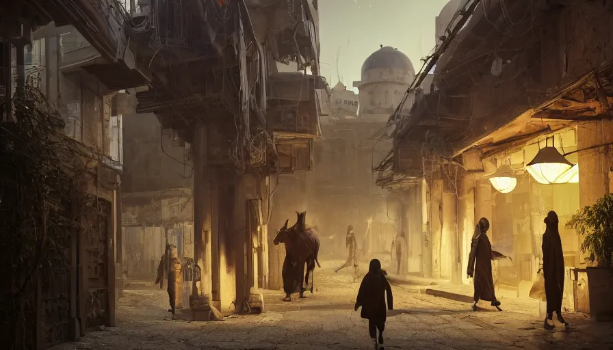 Prompt: old jeddah city alley, roshan, shops, horse, magical glowing time portal, a nomad wearing a worn out coat, plants, kids, dramatic lighting sci fi, by caspar david friedrich by beeple and james gilleard and justin gerard, centered, artstation, smooth, sharp focus, photoreal octane render, 3 d, by jean baptiste monge