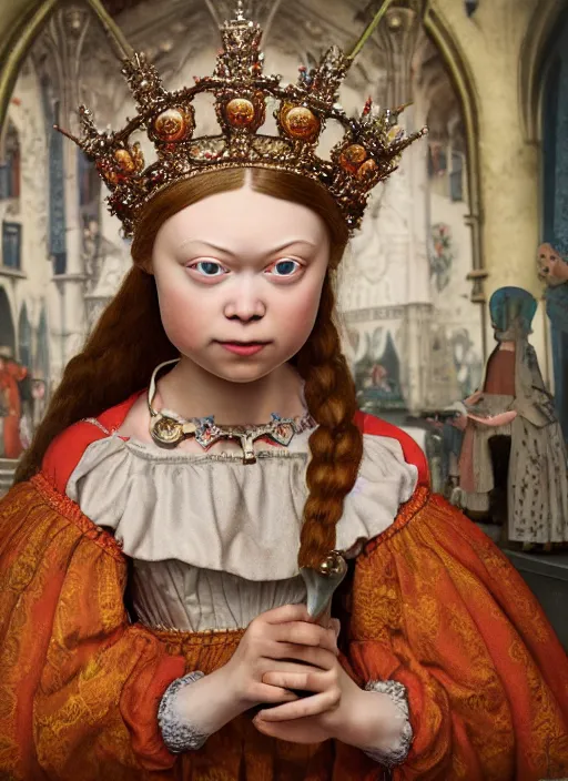 Image similar to closeup medieval jan van eyck face portrait of tin toy greta thunberg as a fairytale princess wearing a crown eating cakes in the castle, bikini, detailed and intricate environment, nicoletta ceccoli, mark ryden, lostfish, hyperrealistic, octane render