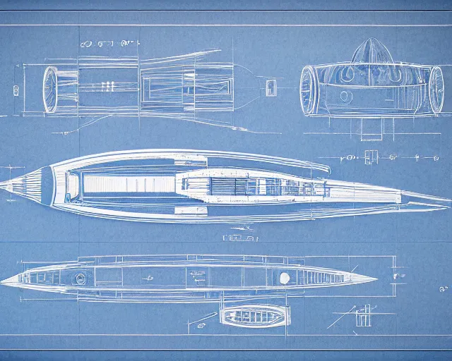 Prompt: blueprint of spaceship, technical drawing on blue paper, intricate detail, centered with clean background, studio lighting, 8 k