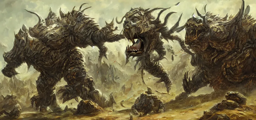 Prompt: oil painting of giant conquering orc beast in full tactical armor roars as it steps over it's fallen enemy's bodies