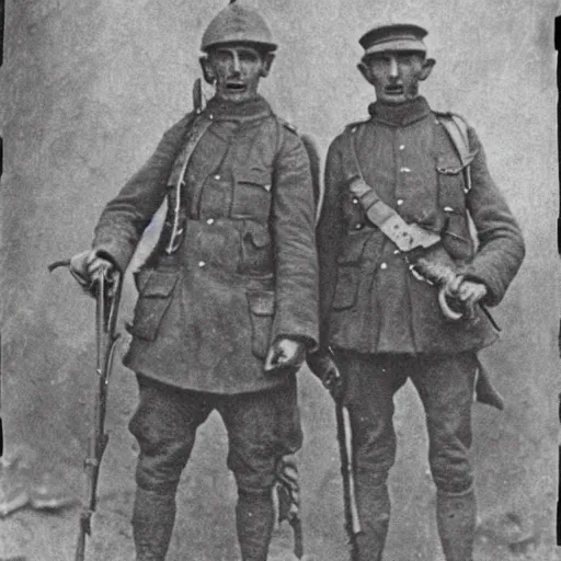 Image similar to close up of creepy occultist soldiers, ww 1 photograph, photoreal