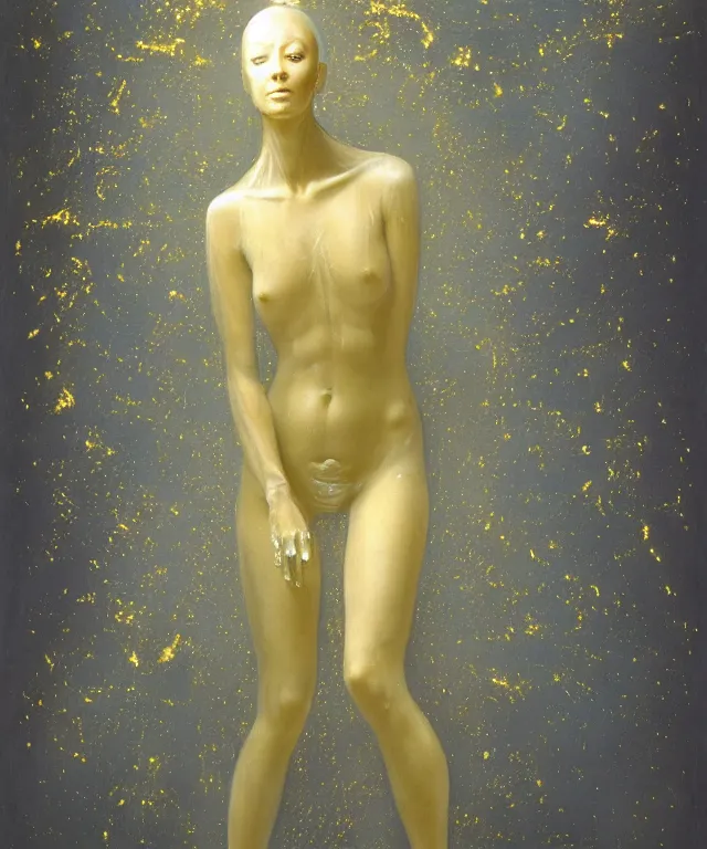 Image similar to Beautiful full-body wax sculpture of a glowing transparent woman in glowing dress with visible gold bones covered with melted white wax inside the singularity where stars becoming baroque folds of dark matter by Michelangelo da Caravaggio, Nicola Samori, William Blake, Alex Grey and Beksinski, dramatic volumetric lighting, highly detailed oil painting, 8k, masterpiece