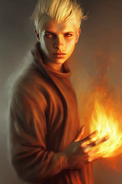 Image similar to character art by bastien lecouffe - deharme, young man, blonde hair, on fire, fire powers