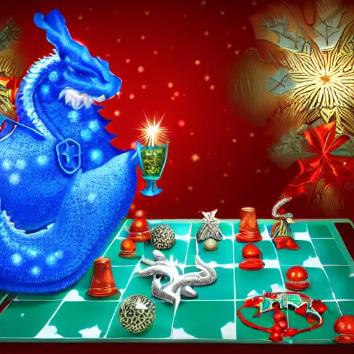 Image similar to blue santa playing checkers against a christmas themed dragon, digital art, highly detailed,