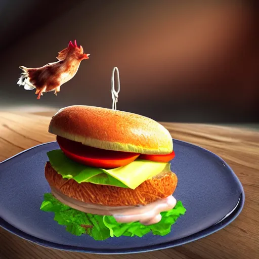 Image similar to floating chicken sandwich on a plate, photo realistic, explosion and flying pigs in the background, amazing detail