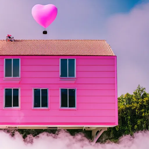 Image similar to a 5 0 mm lens photograph of a cute pink floating modern house, floating in the air between clouds, inspired by the movie up, held up from above by a heart - shaped ballon. mist, playful composition canon, nikon, award winning, photo of the year