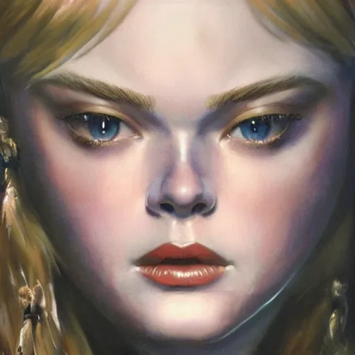 Image similar to ultra realistic medium shot portrait painting of elle fanning in dark souls, art by frank frazetta, 4 k, ultra realistic, highly detailed, epic lighting