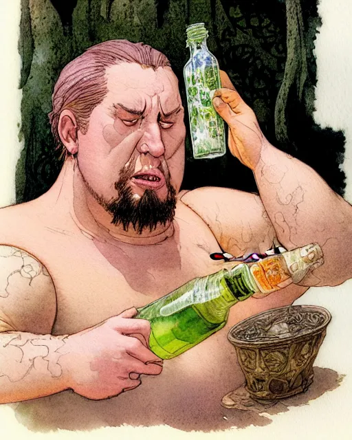 Image similar to a realistic and atmospheric watercolour fantasy character concept art portrait of a fat dirty qui - gon jinn drinking out of a bottle with pink eyes wearing a wife beater. by rebecca guay, michael kaluta, charles vess and jean moebius giraud