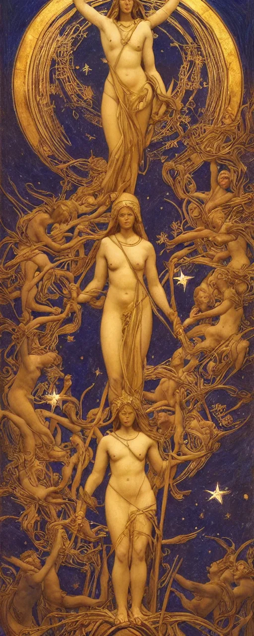 Image similar to saint woman, venus, athena, queen, by annie swynnerton and nicholas roerich and jean delville, strong dramatic cinematic lighting, ornate headdress, flowing robes, spines, flowers, stars, lost civilizations, smooth, sharp focus, extremely detailed, marble, obsidian, gold, space