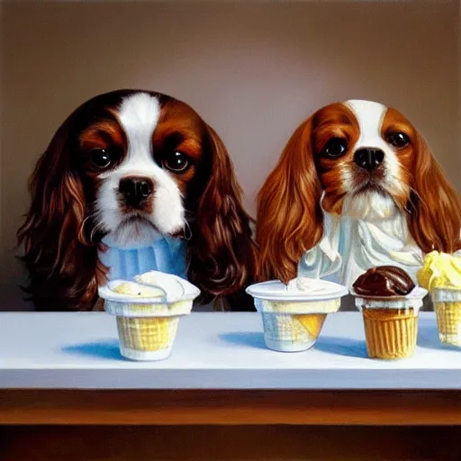 Prompt: king charles spaniel serving ice cream, ice cream store, oil painting, digital art, artstation