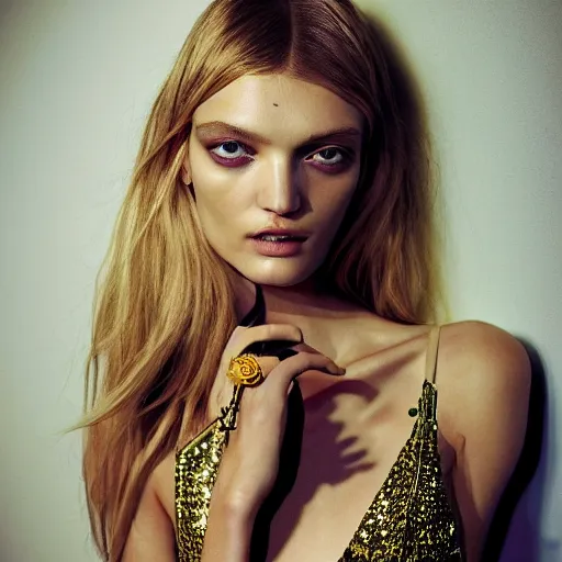 Prompt: A beautiful portrait of Lily Donaldson as a model at Versace fashion show Spring/Summer 2009, highly detailed, in the style of cinematic, fashionweek backstage,makeup by Pat Mcgrath, Shot by Terry Richardson