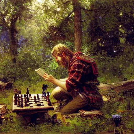 Prompt: a scrawny lumberjack playing chess in the woods, fantasy painting by gaston bussiere, craig mullins