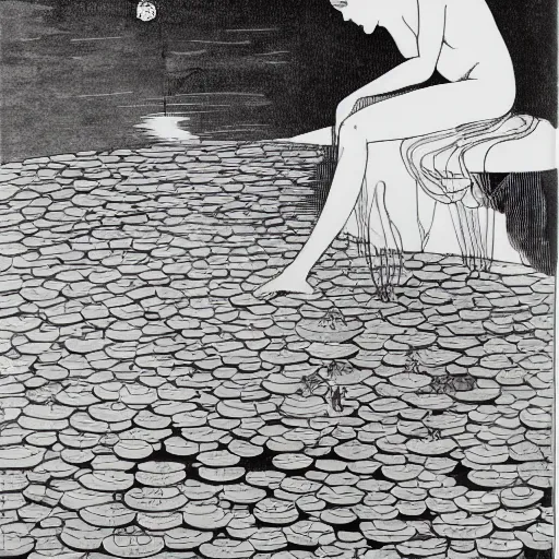 Image similar to A girl bathes in a lake where water lilies are floating, lithography by Aubrey Beardsley, High definition, detailed,