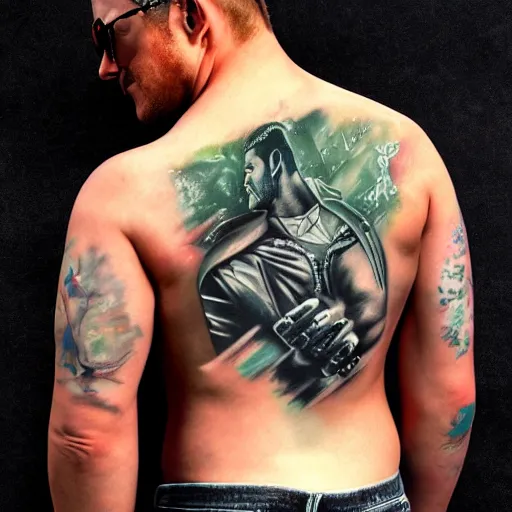 Image similar to photorealistic painting of a picture of my new back tattoo of chris redfield by tom of finland