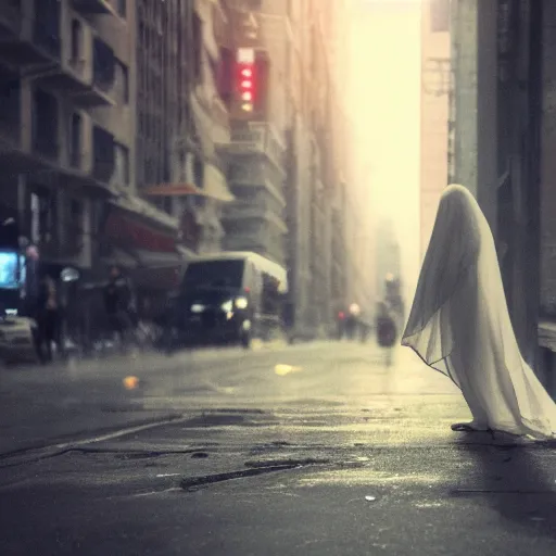 Prompt: ghost under a sheet smoking a cigarette, haunting a NYC sidewalk, trending on artstation, 8k, 4k, volumetric lighting, lighthearted, cinematic composition, hd, fun