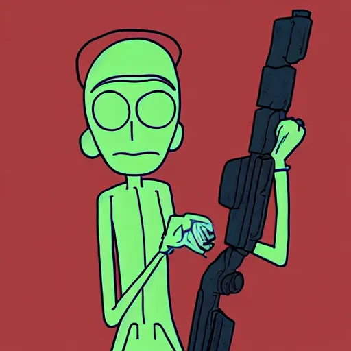 Prompt: portrait of alien rick holding a cybernetic rifle, rick and morty forever and forever a hundred years! g