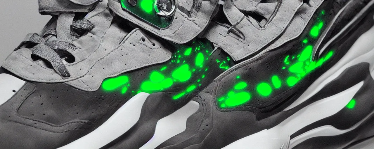 Prompt: looking at the side of a futuristic sneaker from Rebok, art by Scott robertson design, trending on Artstation, hightop, black and white, leather, suede, chrome, green neon, green lasers, photorealism, hyperrealism artstation