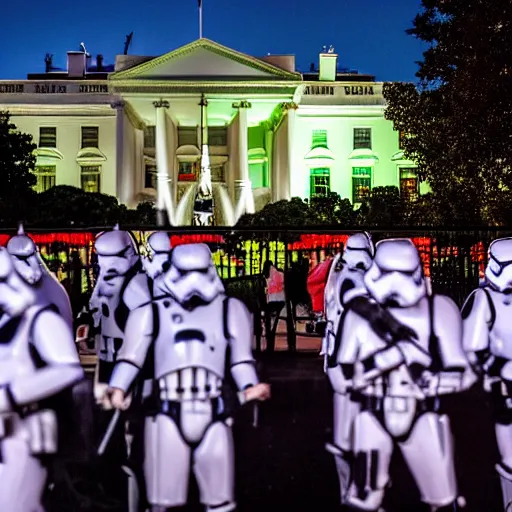 Prompt: a still candid image of hundreds of stormtropers rioting in front of a the white house in washington.!!!, dusk, fire, smoke, kaos, flaming torches and flags