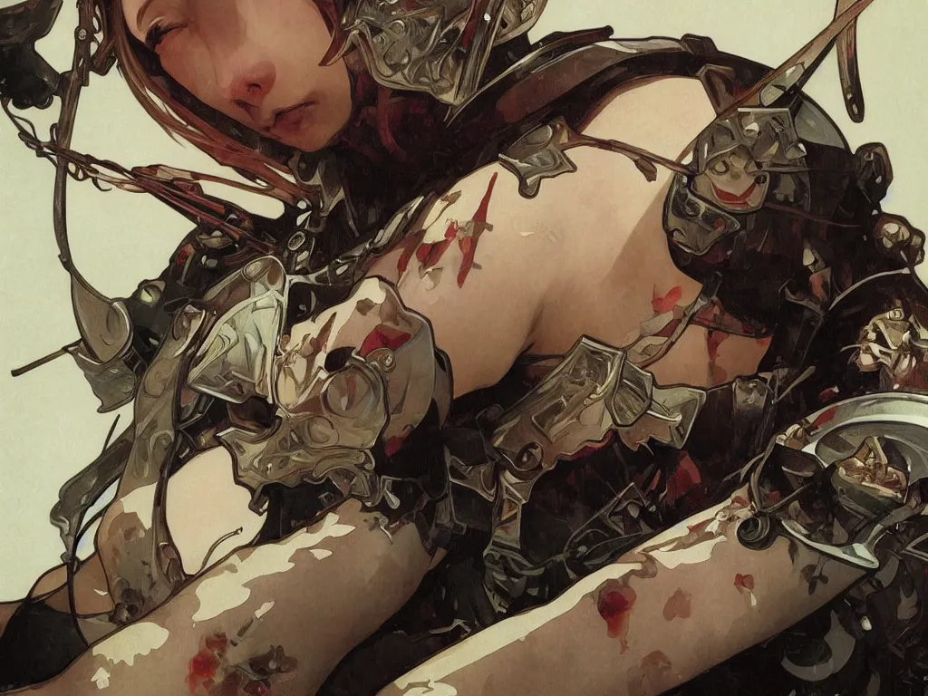 Image similar to close up of a wounded samurai in full armor, by fiona staples, range murata, alphonse mucha