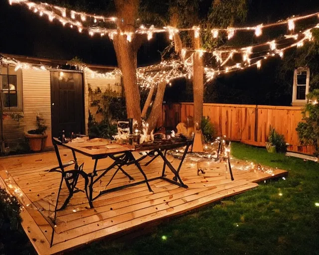 Image similar to a still photo of a backyard at night with fairy lights, house on the left side with wooden flooring, warm lighting, tumblr aesthetic