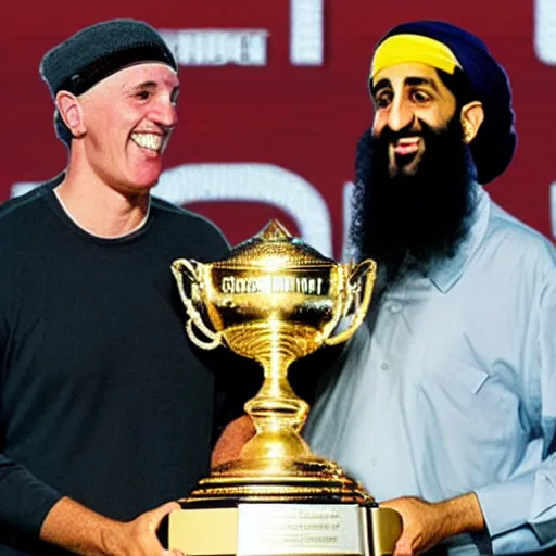 Image similar to photo of osama bin laden lifting larry o'brien trophy