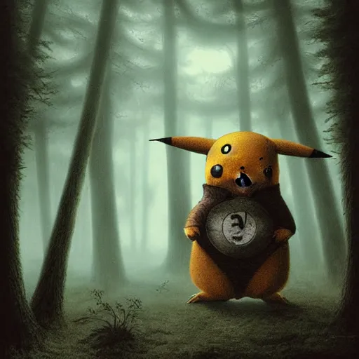 Image similar to pikachu as a cryptid in a dark ominous forest, foggy, dim lighting, artwork by andrew ferez